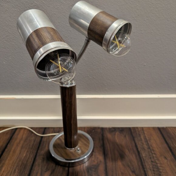 Vintage MCM Double Gooseneck Desk Table Lamp Aluminum Woodgrain 3 way Switch - Picture 2 of 14